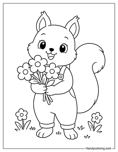 Squirrel Wearing Overalls and Picking Flowers