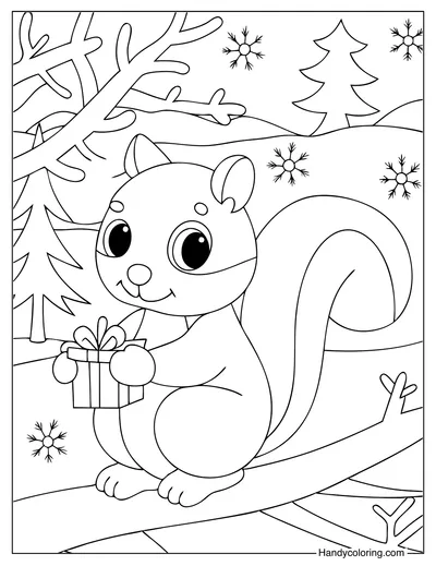 Squirrel with a Present Coloring Page