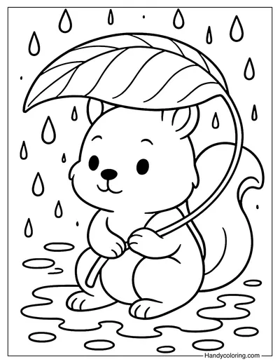 Squirrel with Leaf Umbrella Coloring Page