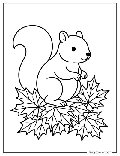 Squirrel with Leaves Coloring Page
