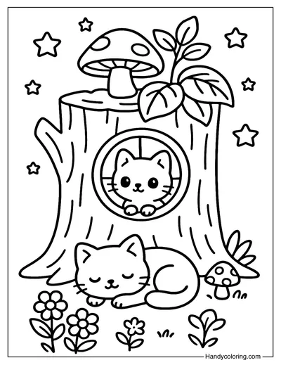 Starry Cat Stump Coloring Page