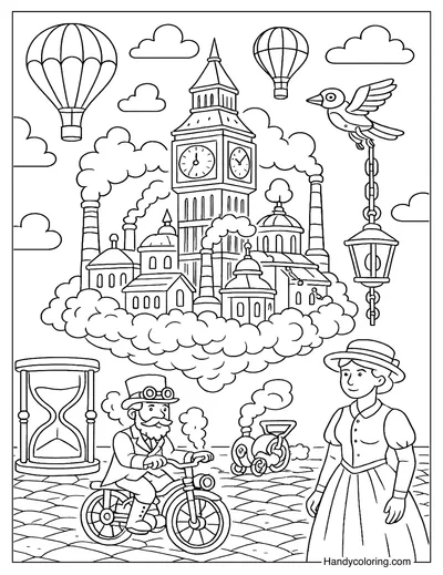 Steampunk Sky City Coloring Page Free