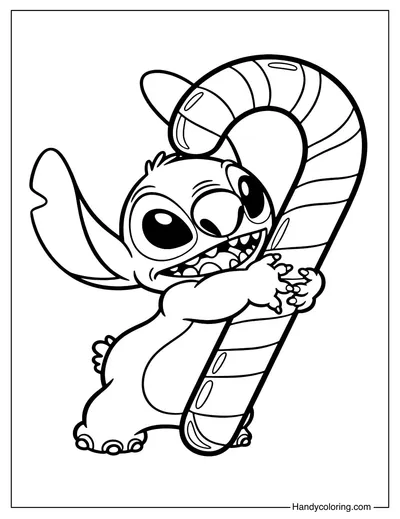 Stitch Holding Candy Cane Coloring Page