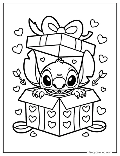 Stitch in a Valentines Day Gift Box Coloring Page