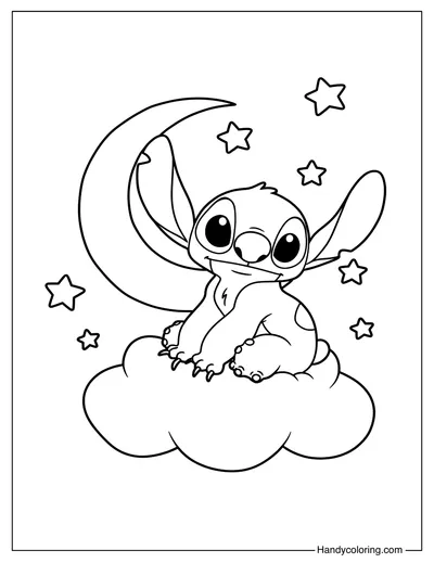 Stitch Sitting on Cloud Coloring Page
