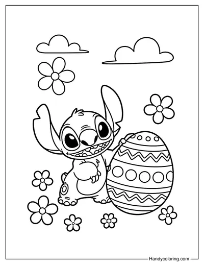 Stitch Standing Next To A Big Easter Egg and Flowers