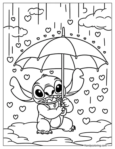 Stitch Under a Rain of Hearts Coloring Page