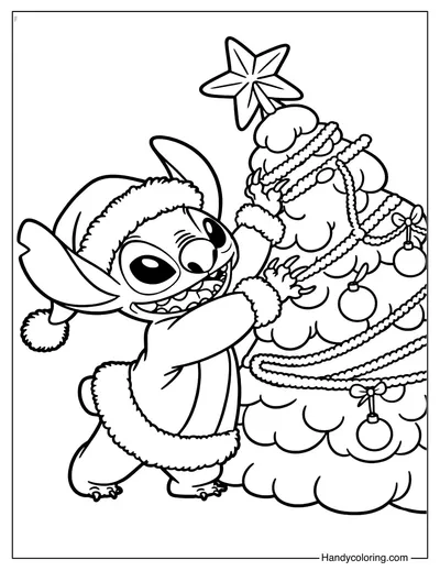 Stitch with Christmas Tree Coloring Page