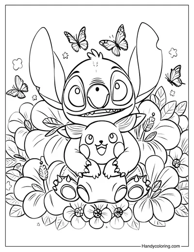 Stitch with Pikachu Coloring Page