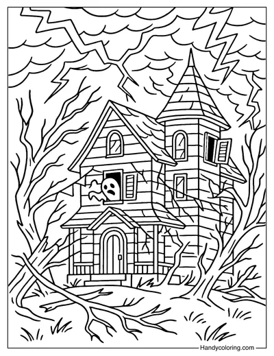 Stormy Haunted House Coloring Page