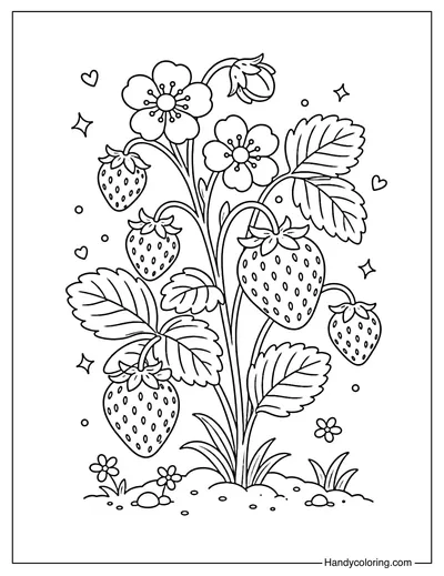 Strawberry with Flowers and Leaves