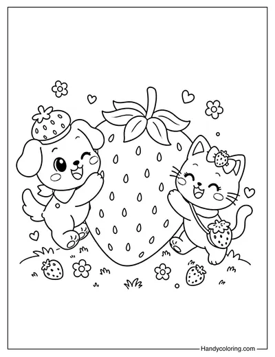 Strawberry with Puppy and Kitten