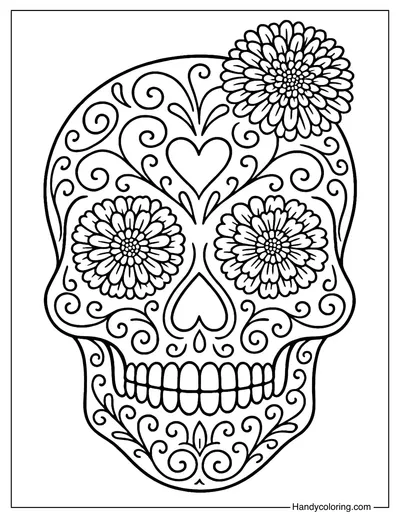 Sugar Skull with Marigolds Coloring Page