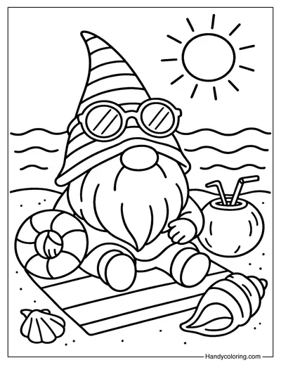 Summer Beach Gnome Coloring Page