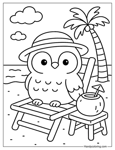 Summer Beach Owl Coloring Page