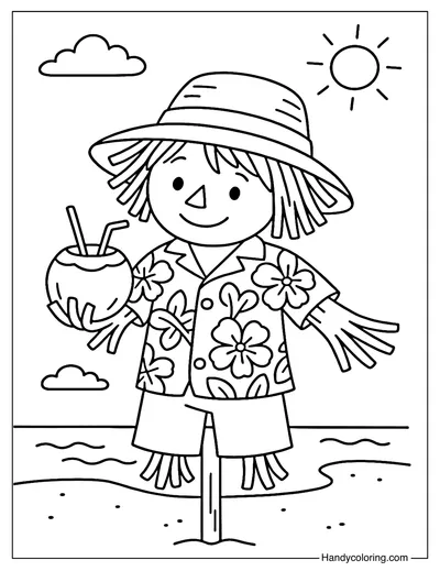 Summer Beach Scarecrow Coloring Page