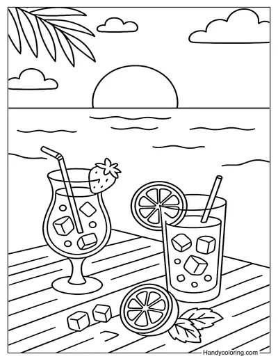 Summer Drinks at Sunset Coloring Page
