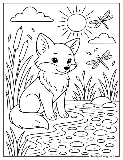 Summer Fox by the Lake Coloring Page