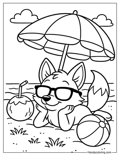 Summer Fox on Beach Coloring Page