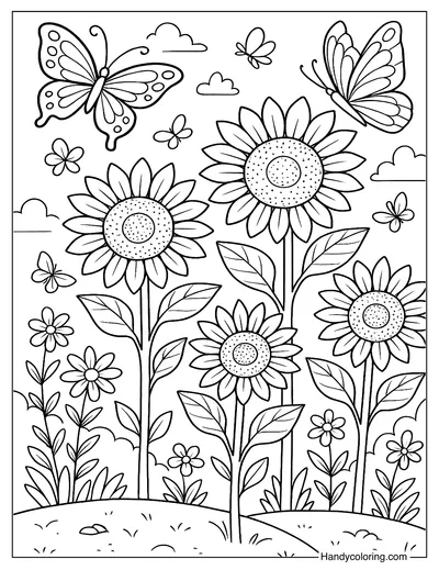 Summer Garden with Butterflies Coloring Page