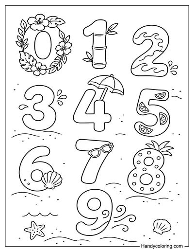 Summer Numbers 0 to 9 with Tropical Elements