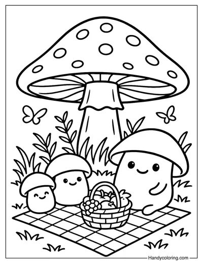 Summer Picnic Mushroom Coloring Page