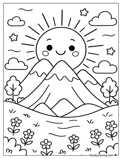 Sun Hiding Behind Mountains Coloring Sheet