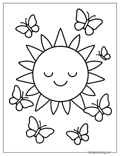 Sun Surrounded by Butterflies Coloring Sheet