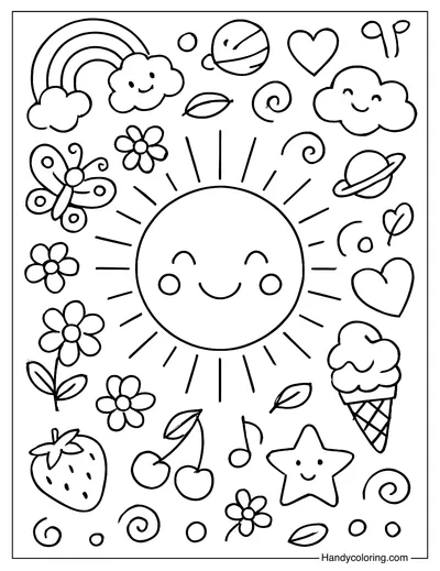 Sun Surrounded by Doodles Coloring Sheet