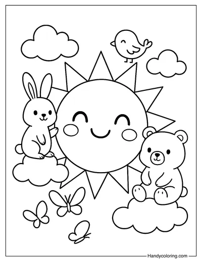 Sun with Animal Friends Coloring Page