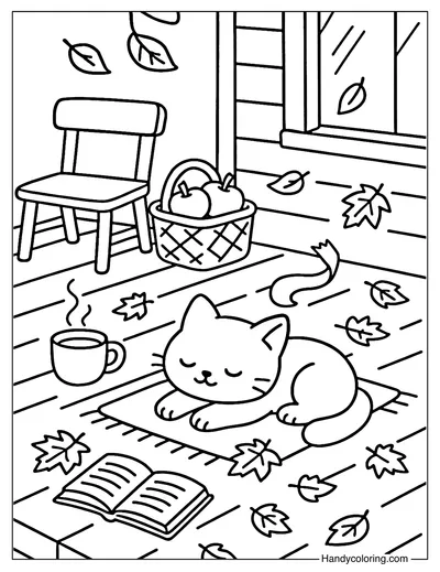 Sunbathing Kitten in September Coloring Page