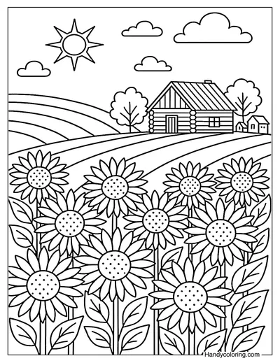 Sunflower Field and Village Scene Coloring Page