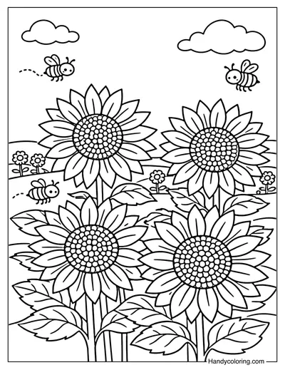 Sunflower Field with Bees Coloring Page