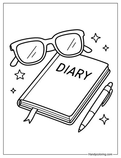 Sunglasses on a Diary with Pen Coloring Page