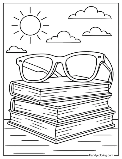 Sunglasses on a Stack of Books Coloring Page