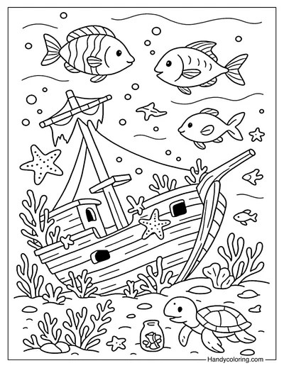 Sunken Shipwreck Scene Coloring Page