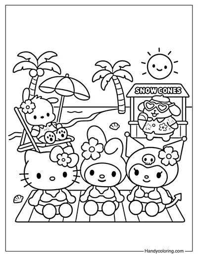 Sunny Beach Day Sanrio Coloring Page