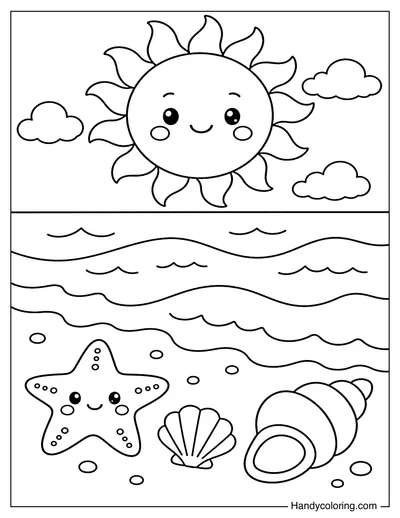 Sunny Beach Waves with Starfish and Shells