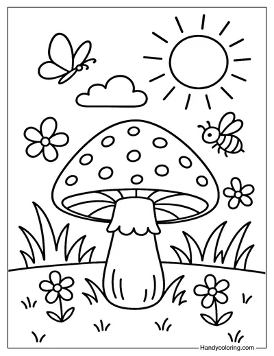 Sunny Day Mushroom Coloring Page