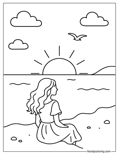 Sunset by the Beach Coloring Page
