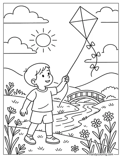 Sunset Kite Flying Coloring Page