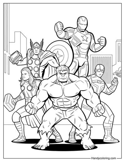 Superhero Team with Hulk Coloring Page