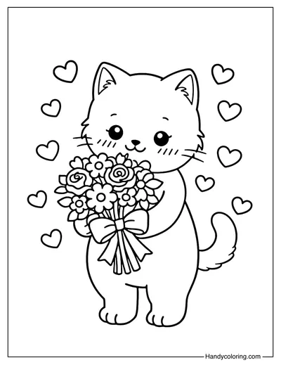 Sweet Kitten With Flowers Coloring Page