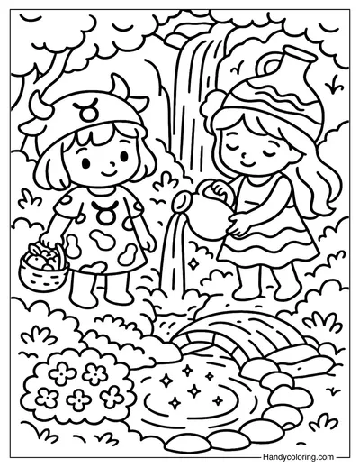 Taurus and Aquarius Hidden Waterfall Coloring Page