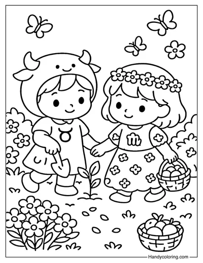 Taurus and Virgo Garden Adventure Coloring Page