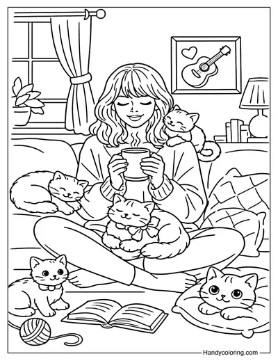 Taylor Swift and Cats Coloring Page
