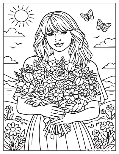 Taylor Swift with Flowers Coloring Page