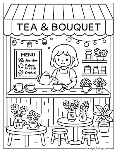 Tea and Bouquet Pairing Coloring Page