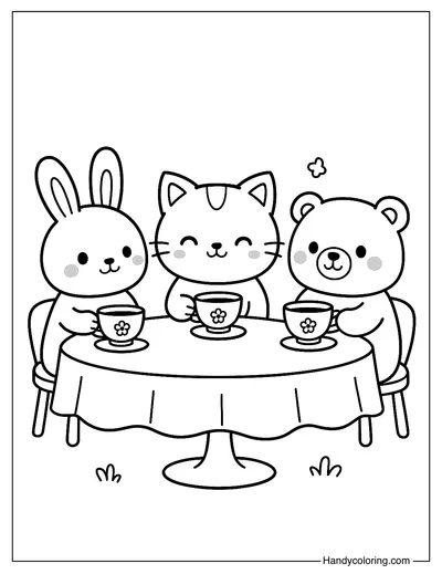 Tea Party with Cute Animals Coloring Page