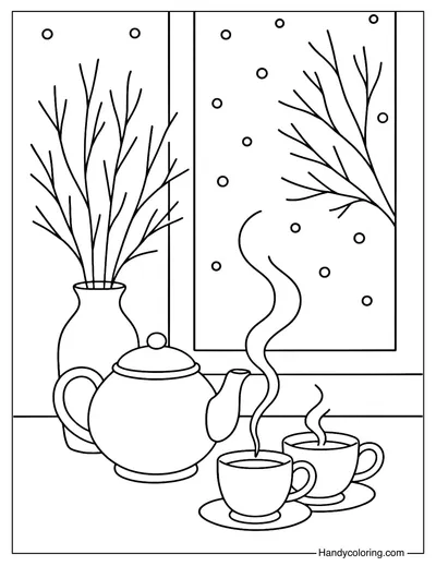 Tea Time by the Window Coloring Page